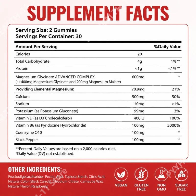 Magnesium Glycinate Gummies Sugar Free Vegan Raspberry Calm Sleep and Memory Support with Vitamin D3 and B6 CoQ10 60 Gummies