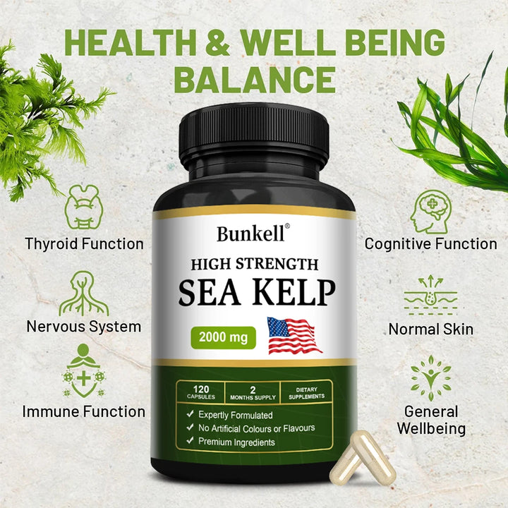 Sea Kelp Capsules 200mg, Natural Marine Iodine Supplement, Support Thyroid Wellness, Metabolic Balance &amp; Daily Energy, Non-GMO