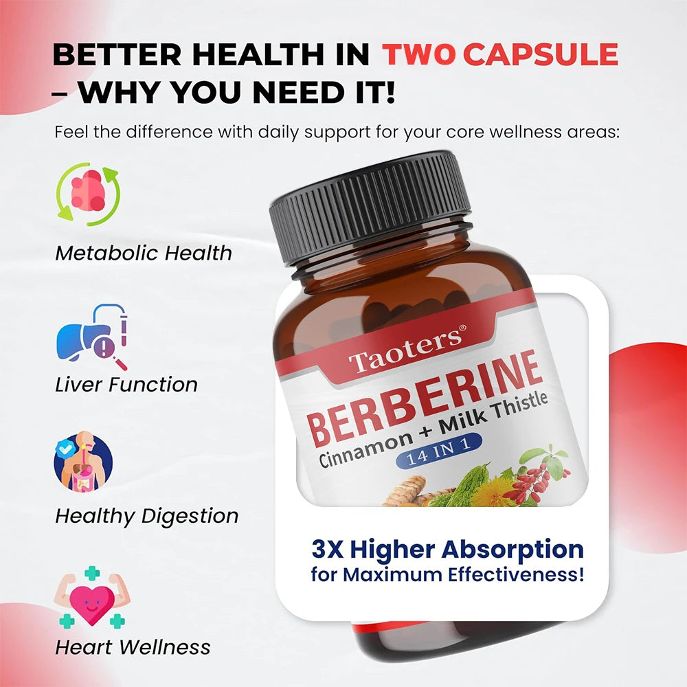 Berberine Capsules with Cinnamon, Milk Thistle, Support Cardiovascular Gut Liver Health, Balance Metabolism Boost Immunity