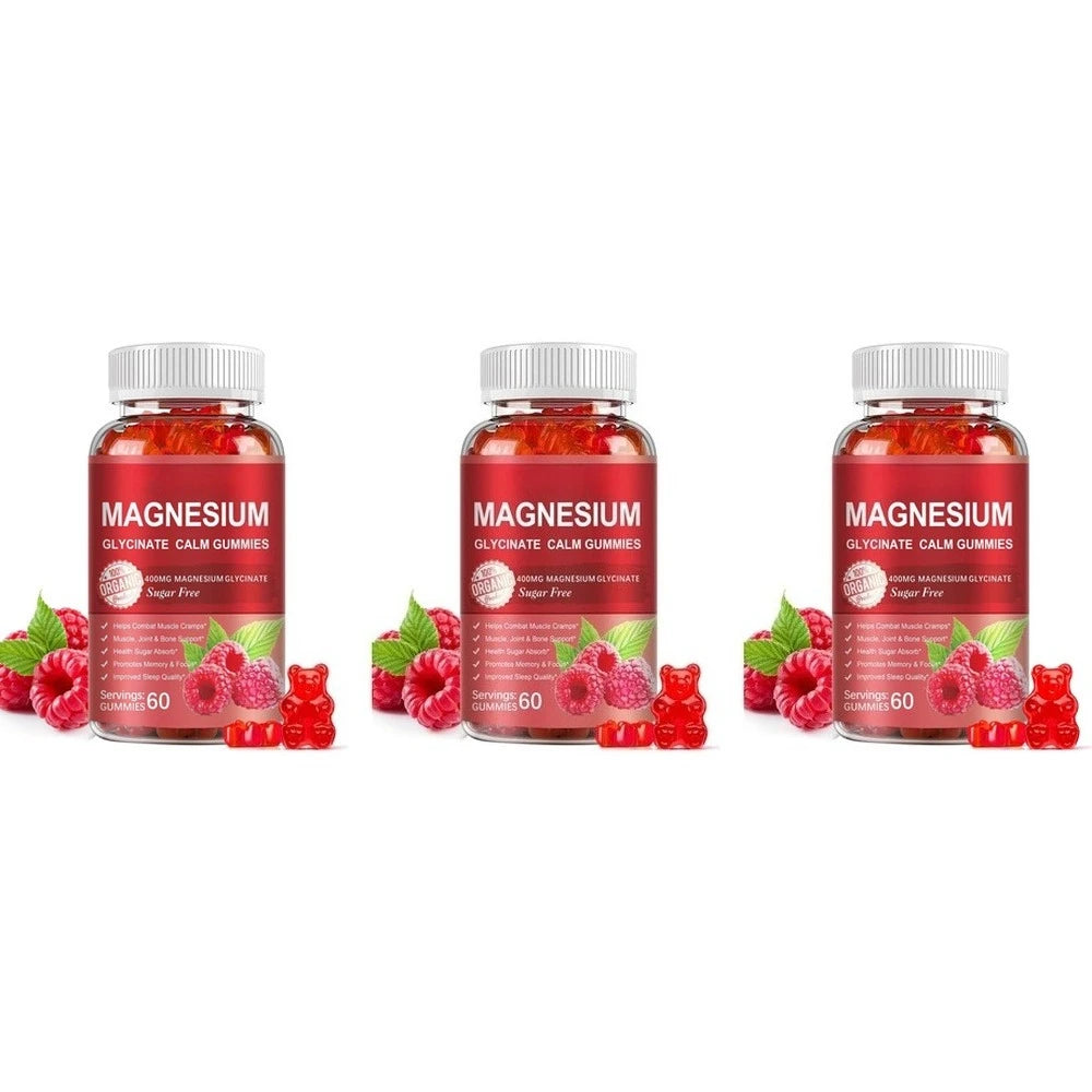 Magnesium Glycinate Gummies Sugar Free Vegan Raspberry Calm Sleep and Memory Support with Vitamin D3 and B6 CoQ10 60 Gummies