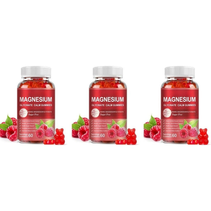 Magnesium Glycinate Gummies Sugar Free Vegan Raspberry Calm Sleep and Memory Support with Vitamin D3 and B6 CoQ10 60 Gummies