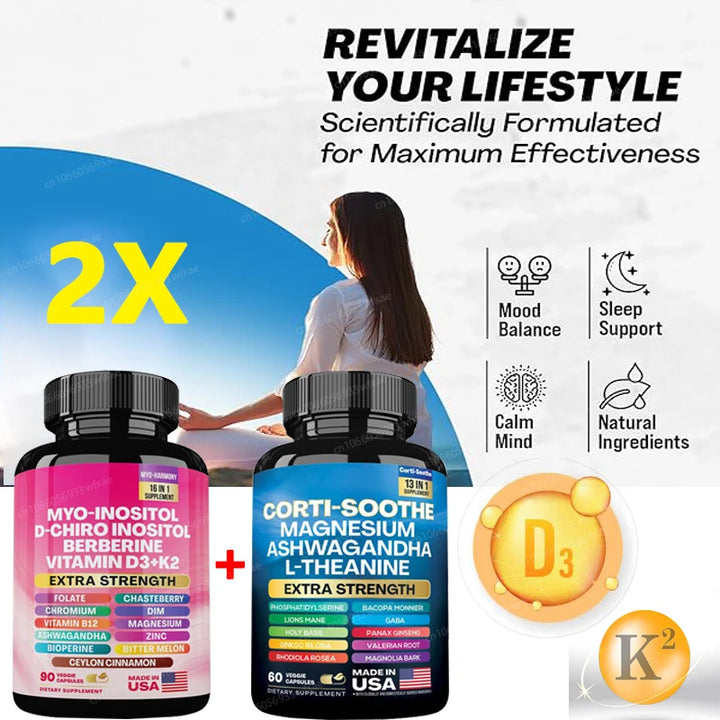 13 In 1 Corti-Soothe Cortisol Supplement Manage Stress Support Adrenal Health,90Capsules 16 In 1 Vitamin D3 K2 Capsules
