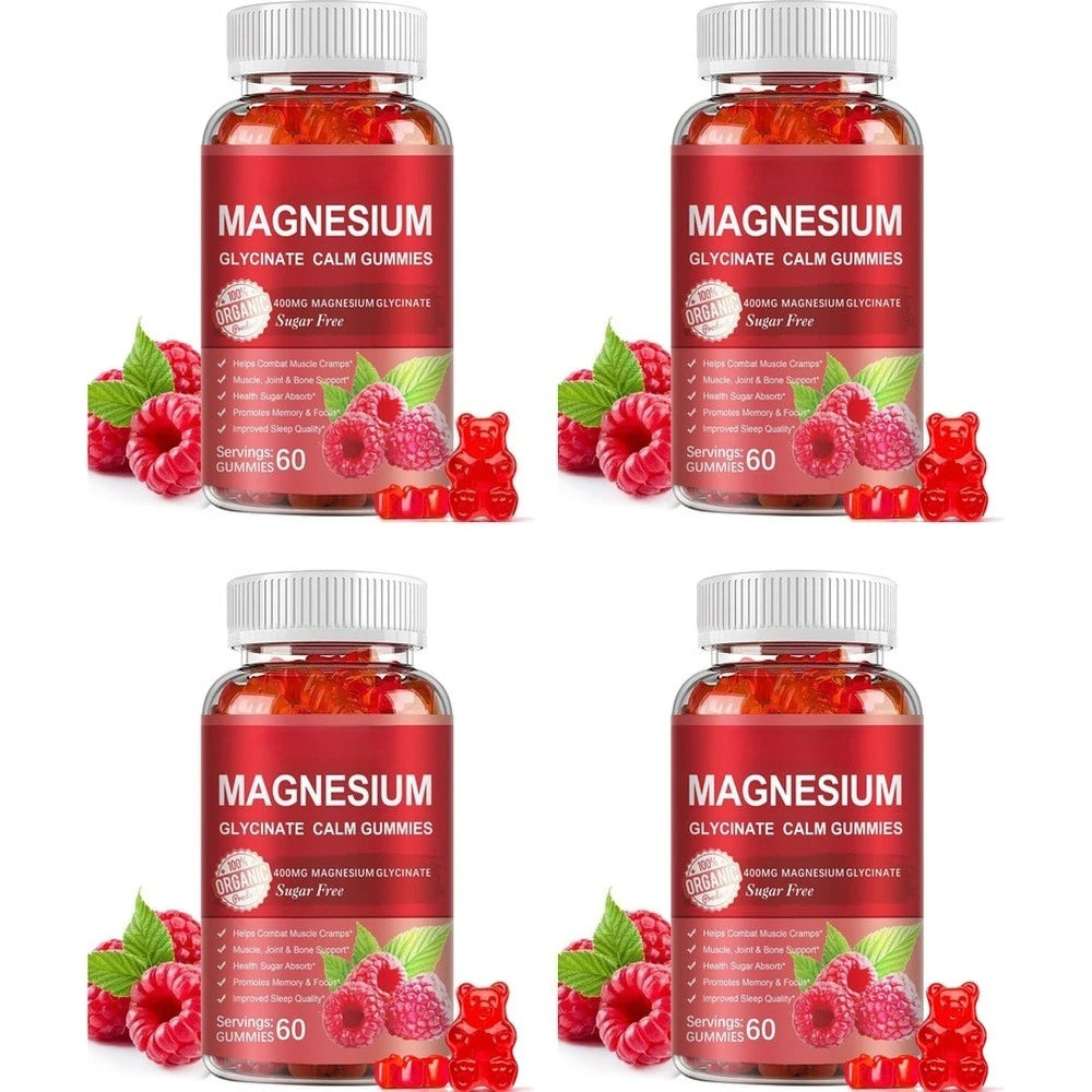 Magnesium Glycinate Gummies Sugar Free Vegan Raspberry Calm Sleep and Memory Support with Vitamin D3 and B6 CoQ10 60 Gummies