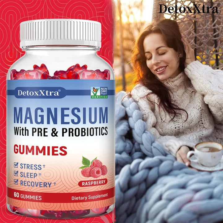 Magnesium Citrate Supplement Gummies with Prebiotics &amp; Probiotics for Stress, Sleep &amp; Recovery - Vegan, Gluten Free, Non-GMO