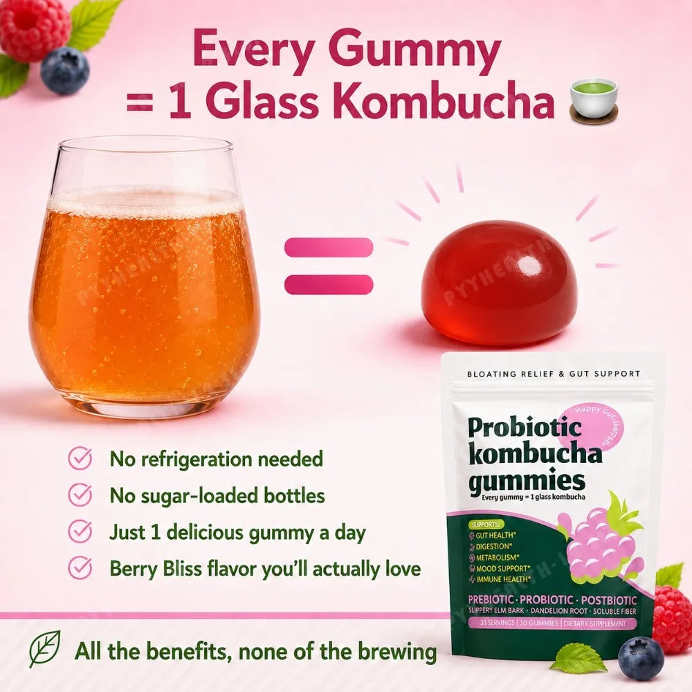 Probiotic Kombucha Gummies – Berry, Prebiotic &amp; Postbiotic