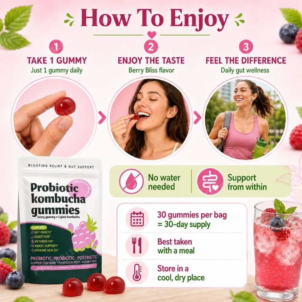 Probiotic Kombucha Gummies – Berry, Prebiotic &amp; Postbiotic