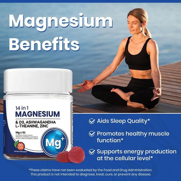 14 In 1 Magnesium Gummies with Ashwagandha, L-Theanine, D3 &amp; Zinc – Cortisol Supplements Promote Healthy Sleep