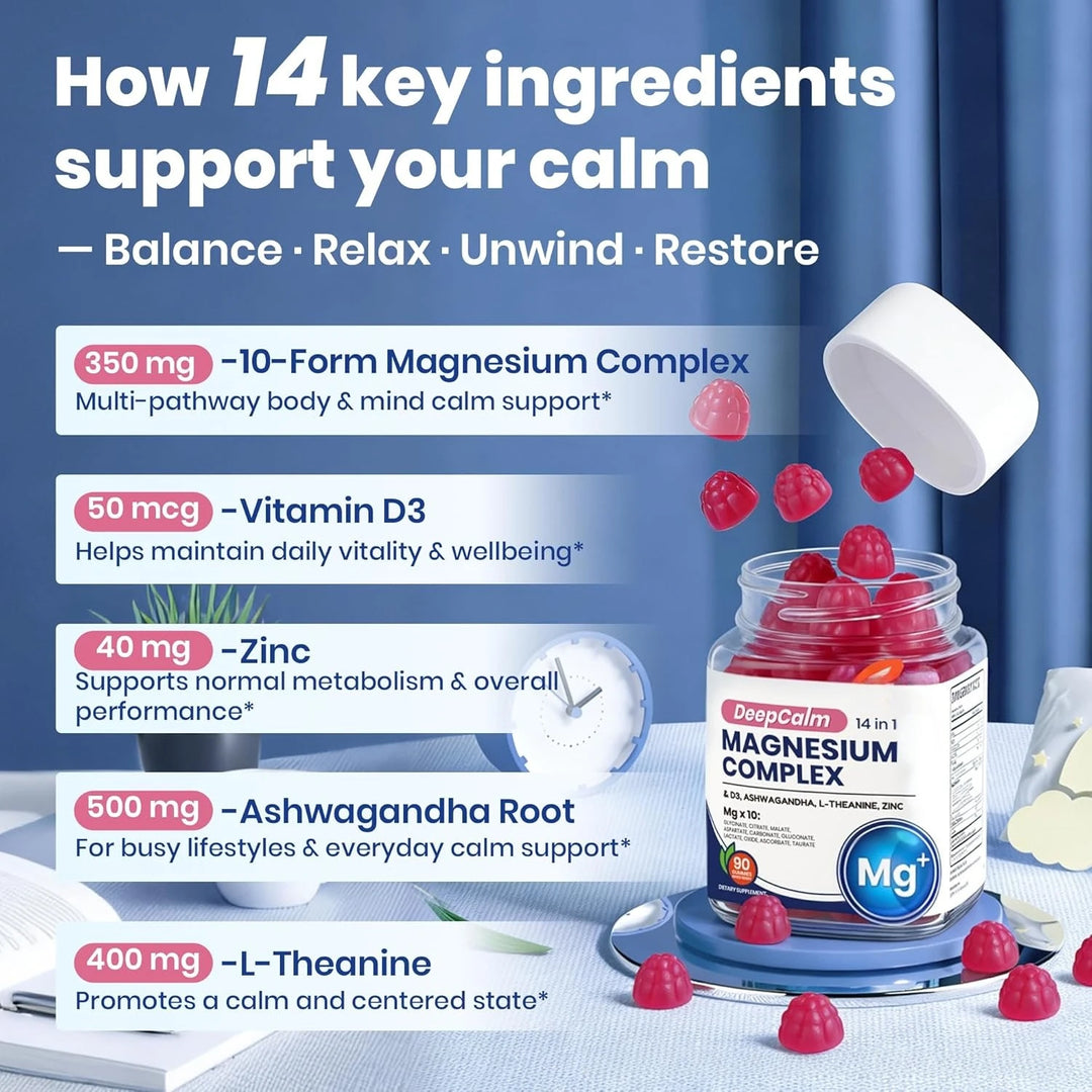 14in1 Magnesium Gummies, Ashwagandha Vitamins Support The Immune System Promote Energy Metabolism Relieve Stress Improve Sleep