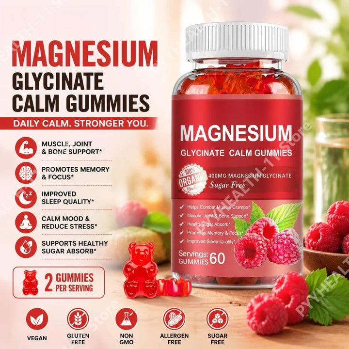 Magnesium Glycinate Gummies Sugar Free Vegan Raspberry Calm Sleep and Memory Support with Vitamin D3 and B6 CoQ10 60 Gummies