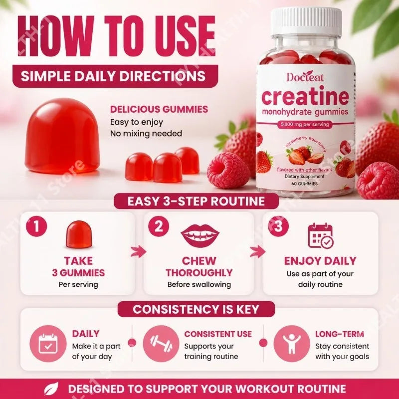 Docteat Creatine Monohydrate Gummies – 5,000mg, 60 Count