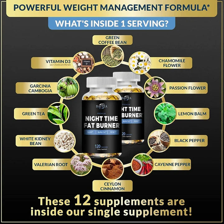Daitea Night Fat Burning Supplement - with Vitamin D3, Green Coffee Beans, Green Tea, Natural Plants - Sleep &amp; Weight Management
