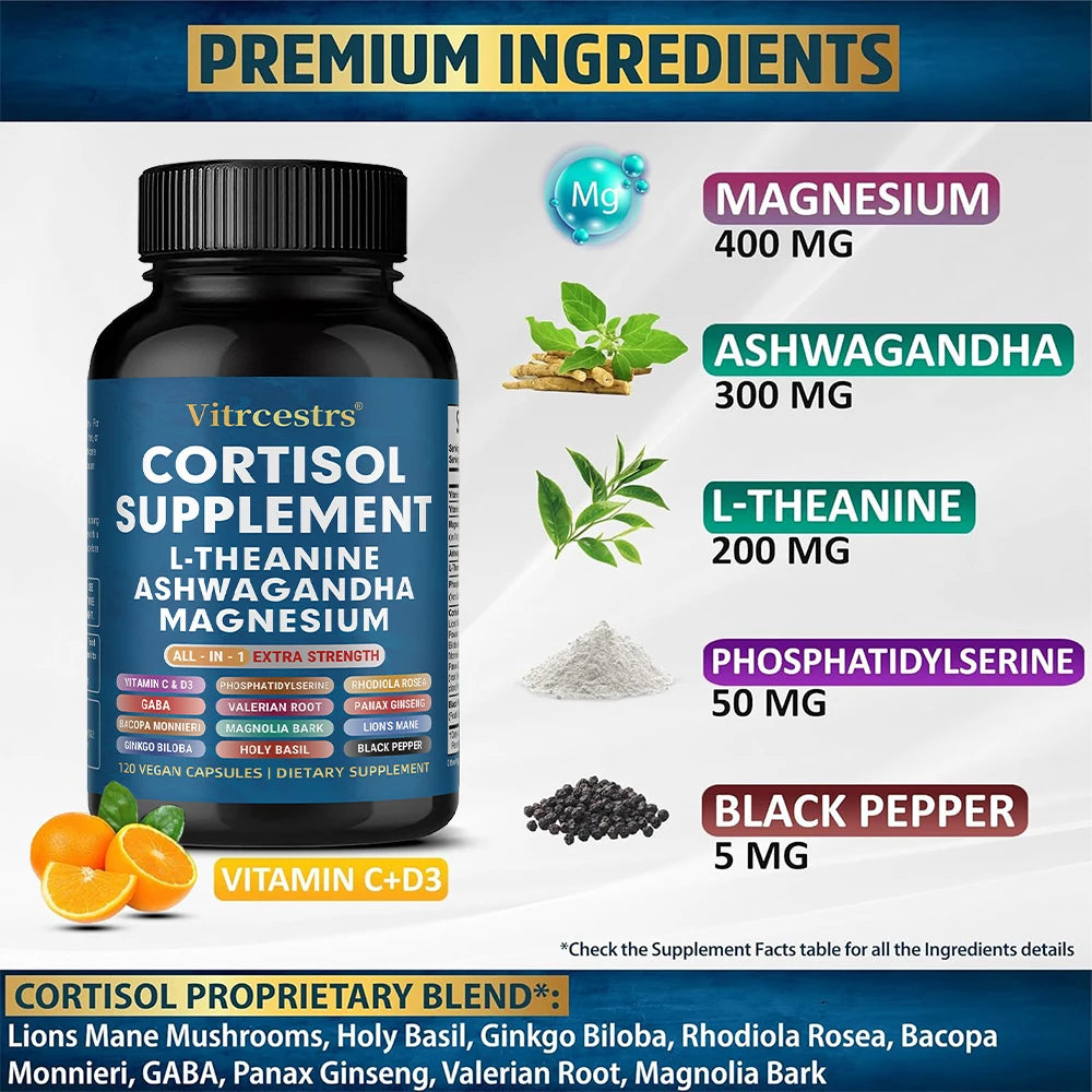 Cortisol Support Supplement - Magnesium, Supports Stress Relief, Calm Mood, Relaxation, Restful Sleep, Focus &amp; Adrenal Health