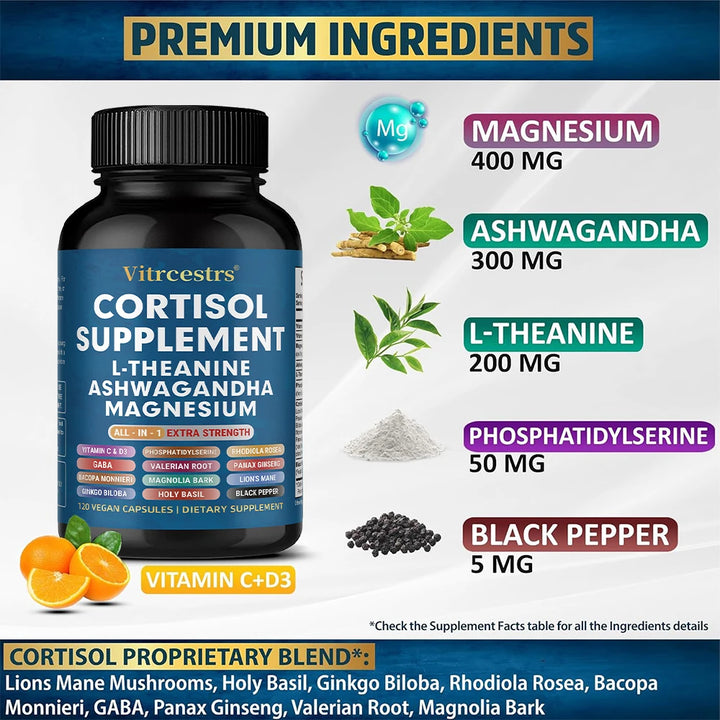 Cortisol Support Supplement - Magnesium, Supports Stress Relief, Calm Mood, Relaxation, Restful Sleep, Focus &amp; Adrenal Health
