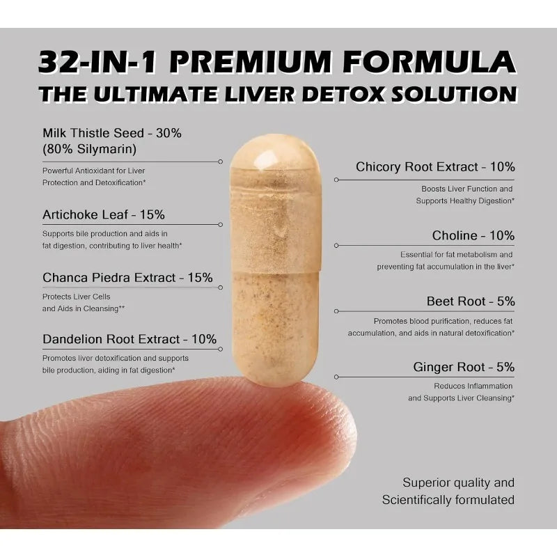 32 in 1 liver cleansing and repair, containing apple cider vinegar, milk thistle, thistle, dandelion root capsules
