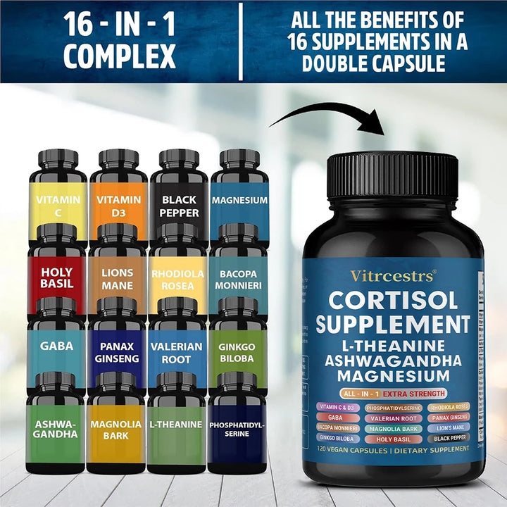 Cortisol Support Supplement - Magnesium, Supports Stress Relief, Calm Mood, Relaxation, Restful Sleep, Focus &amp; Adrenal Health