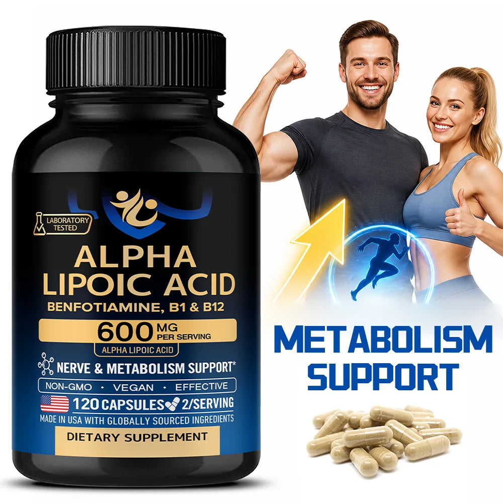 Alpha Lipoic Acid 600mg - for Nerve, Energy &amp; Metabolism Support, Extra Strength with Benfotiamine, B1 &amp; B12, NON-GMO &amp; Vegan