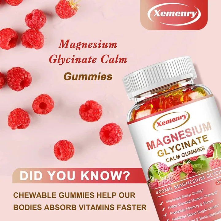 Magnesium Glycinate Gummies - Calm, Relieves Stress, Promotes Sleep, for Brain Health, Strengthen Muscles and Bones