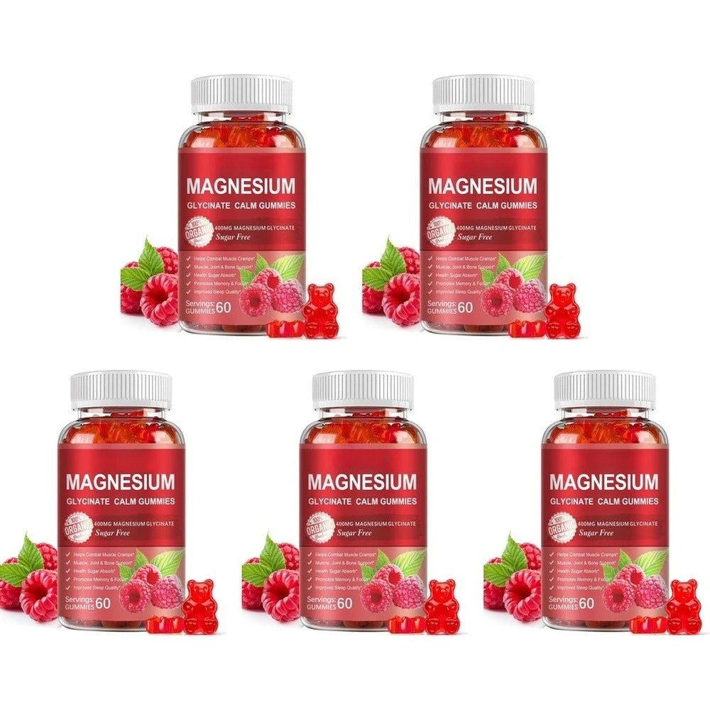 Magnesium Glycinate Gummies Sugar Free Vegan Raspberry Calm Sleep and Memory Support with Vitamin D3 and B6 CoQ10 60 Gummies