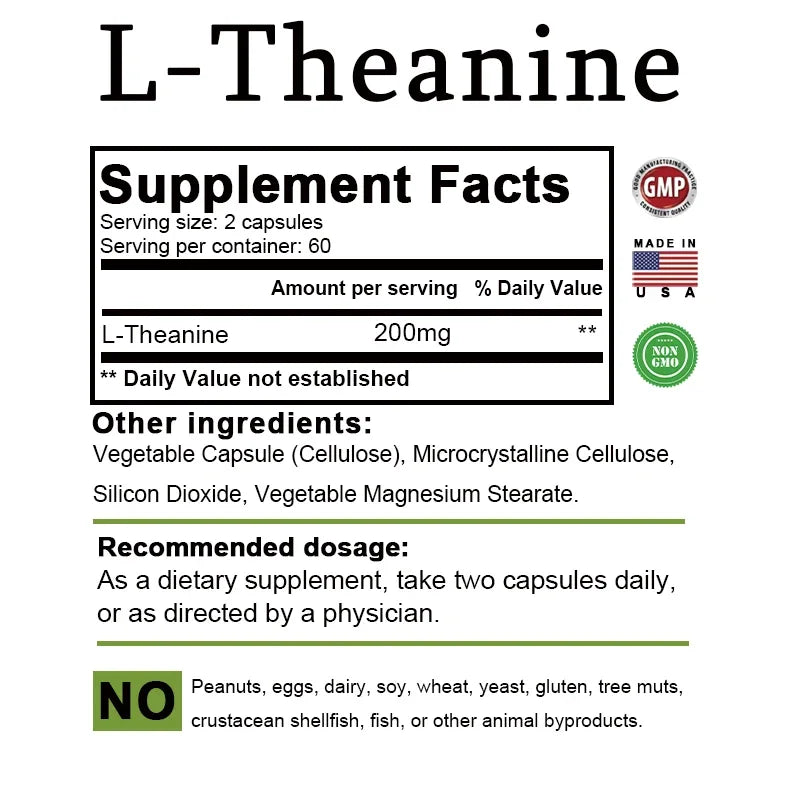 Natural L-Theanine Capsules 200 Mg, Stress Relief, Mood Supplement, for Overall Health, Vegetarian