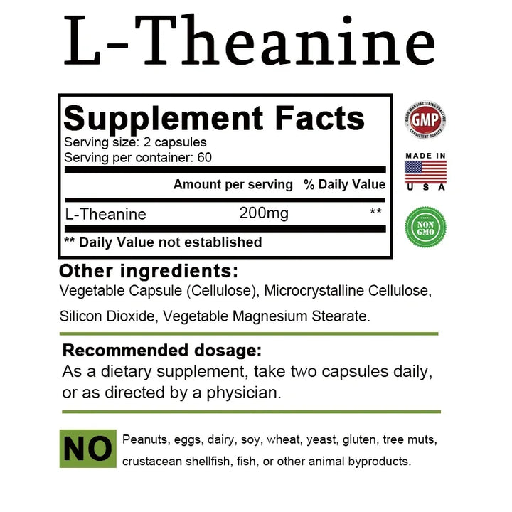 Natural L-Theanine Capsules 200 Mg, Stress Relief, Mood Supplement, for Overall Health, Vegetarian