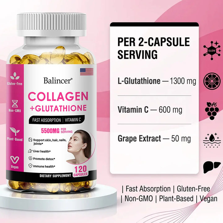Glutathione Collagen Capsules, Antioxidant, Skin Whitening, Deeply Nourish Skin, Hair &amp; Nails, Support Anti-Aging &amp; Joint Health