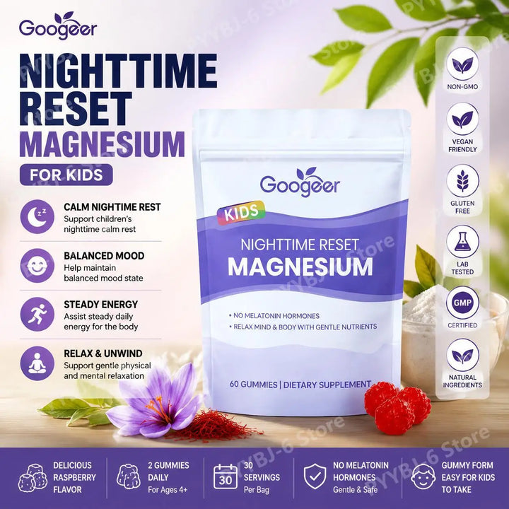 Googeer Magnesium Gummies with Saffron Extract Nighttime Relax Support Formula Magnesium Citrate 60Gummies Stress &amp;Sleep Support