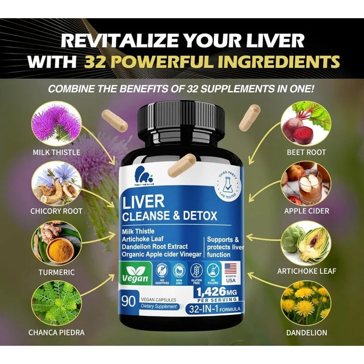 32 in 1 liver cleansing and repair, containing apple cider vinegar, milk thistle, thistle, dandelion root capsules