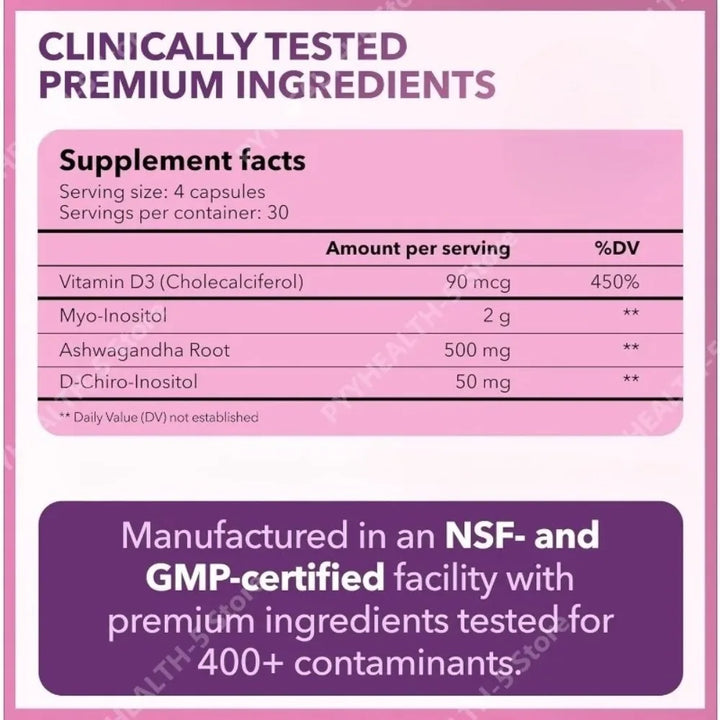 40:1 Myo-Inositol and D-Chiro Inositol Capsules, Vitamin D3 Ashwagandha, 120 Count Daily Wellness Supplement
