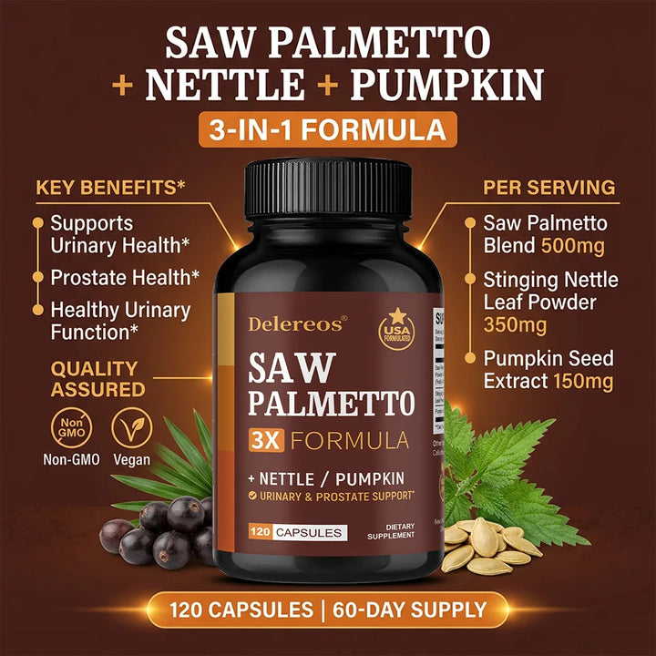 Saw Palmetto Capsules with Stinging Nettle, Promote Prostate Health,Reduce Baldness and Thinning Hair, Men’s Daily Wellness