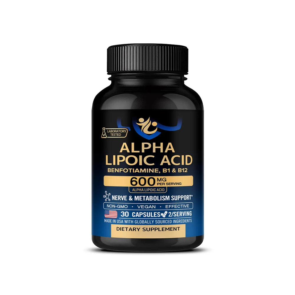 Alpha Lipoic Acid 600mg - for Nerve, Energy &amp; Metabolism Support, Extra Strength with Benfotiamine, B1 &amp; B12, NON-GMO &amp; Vegan