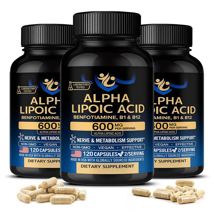 Alpha Lipoic Acid 600mg - for Nerve, Energy &amp; Metabolism Support, Extra Strength with Benfotiamine, B1 &amp; B12, NON-GMO &amp; Vegan