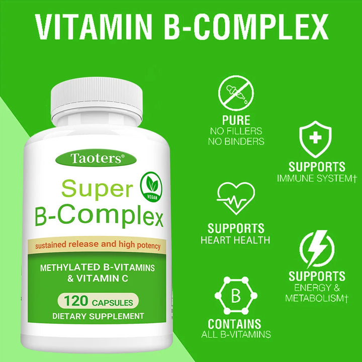 Super B Complex,Including B12, B1, B2, B6, Vitamin C – Energy Metabolism, Maintaining The Nervous System, Promoting Skin Health