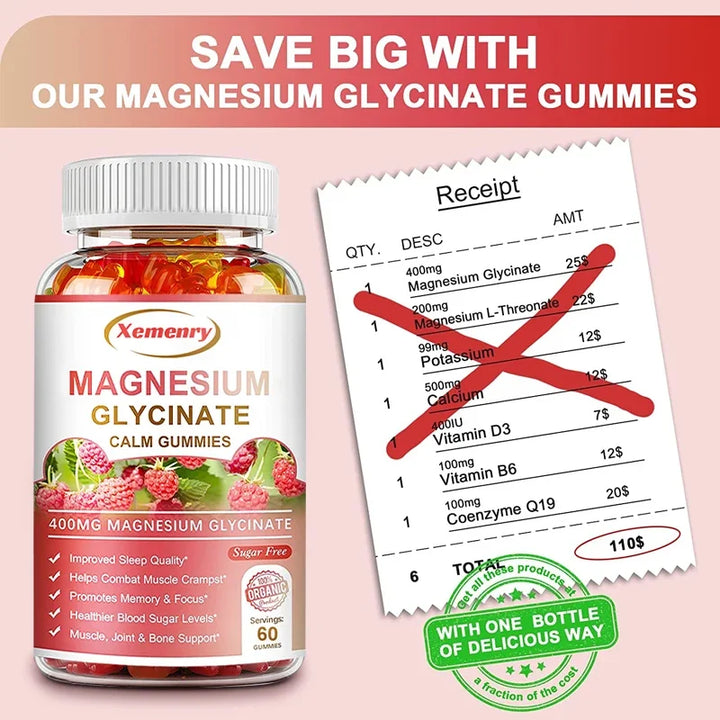 Magnesium Glycinate Gummies - Calm, Relieves Stress, Promotes Sleep, for Brain Health, Strengthen Muscles and Bones