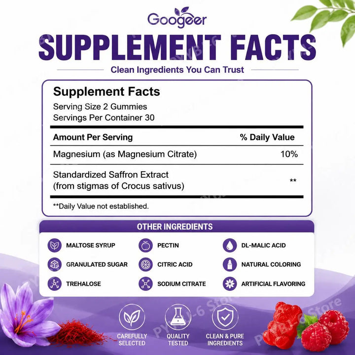 Googeer Magnesium Gummies with Saffron Extract Nighttime Relax Support Formula Magnesium Citrate 60Gummies Stress &amp;Sleep Support