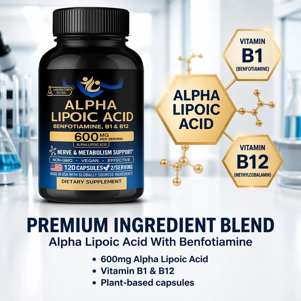 Alpha Lipoic Acid 600mg - for Nerve, Energy &amp; Metabolism Support, Extra Strength with Benfotiamine, B1 &amp; B12, NON-GMO &amp; Vegan