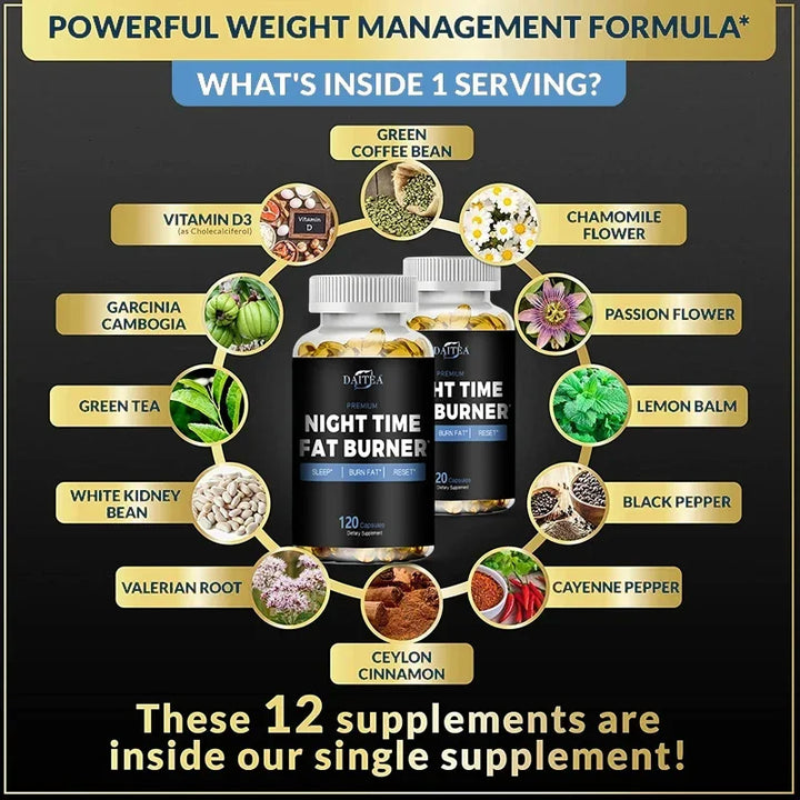 Daitea Night Fat Burning Supplement - with Vitamin D3, Green Coffee Beans, Green Tea, Natural Plants - Sleep &amp; Weight Management