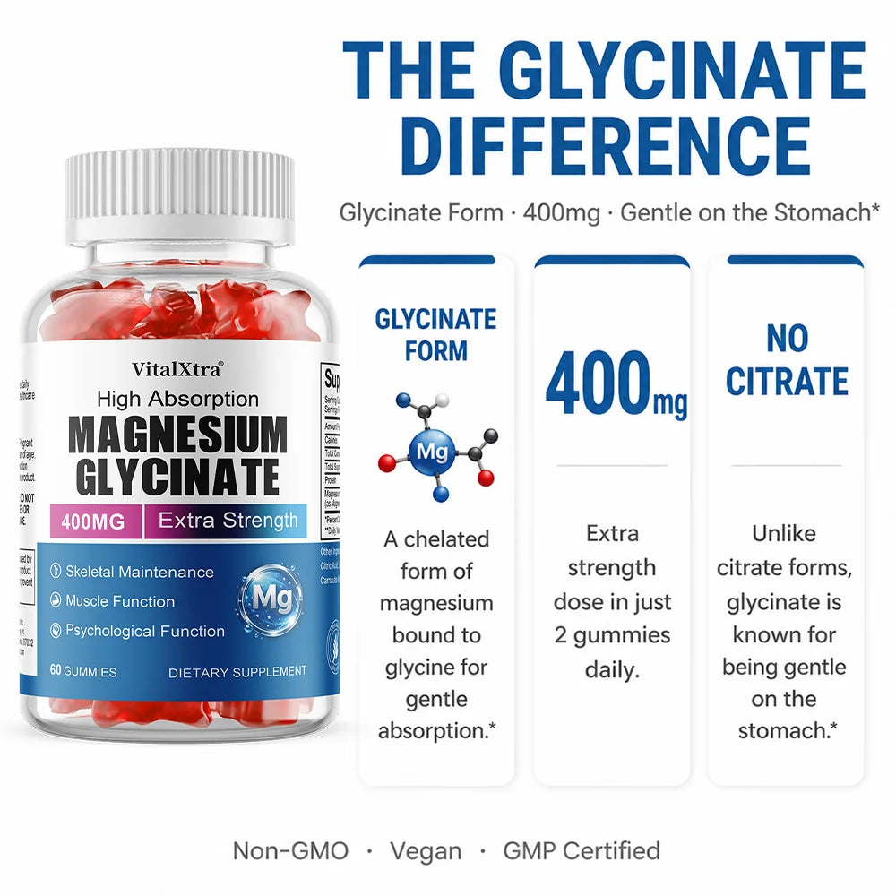 Magnesium Glycinate Gummies, High Absorption, Support Nerve Mood Sleep Muscle Recovery Heart &amp; Bone Health, Relieve Stress