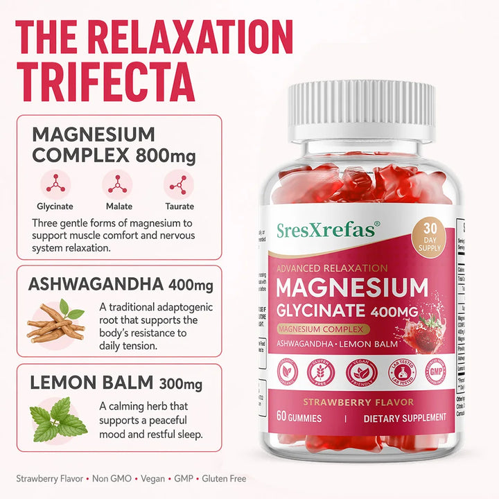 Magnesium Glycinate Gummies, Support Sleep &amp; Stress Relief, Relax Nerves, Improve Concentration, Strengthen Bone &amp; Brain Health