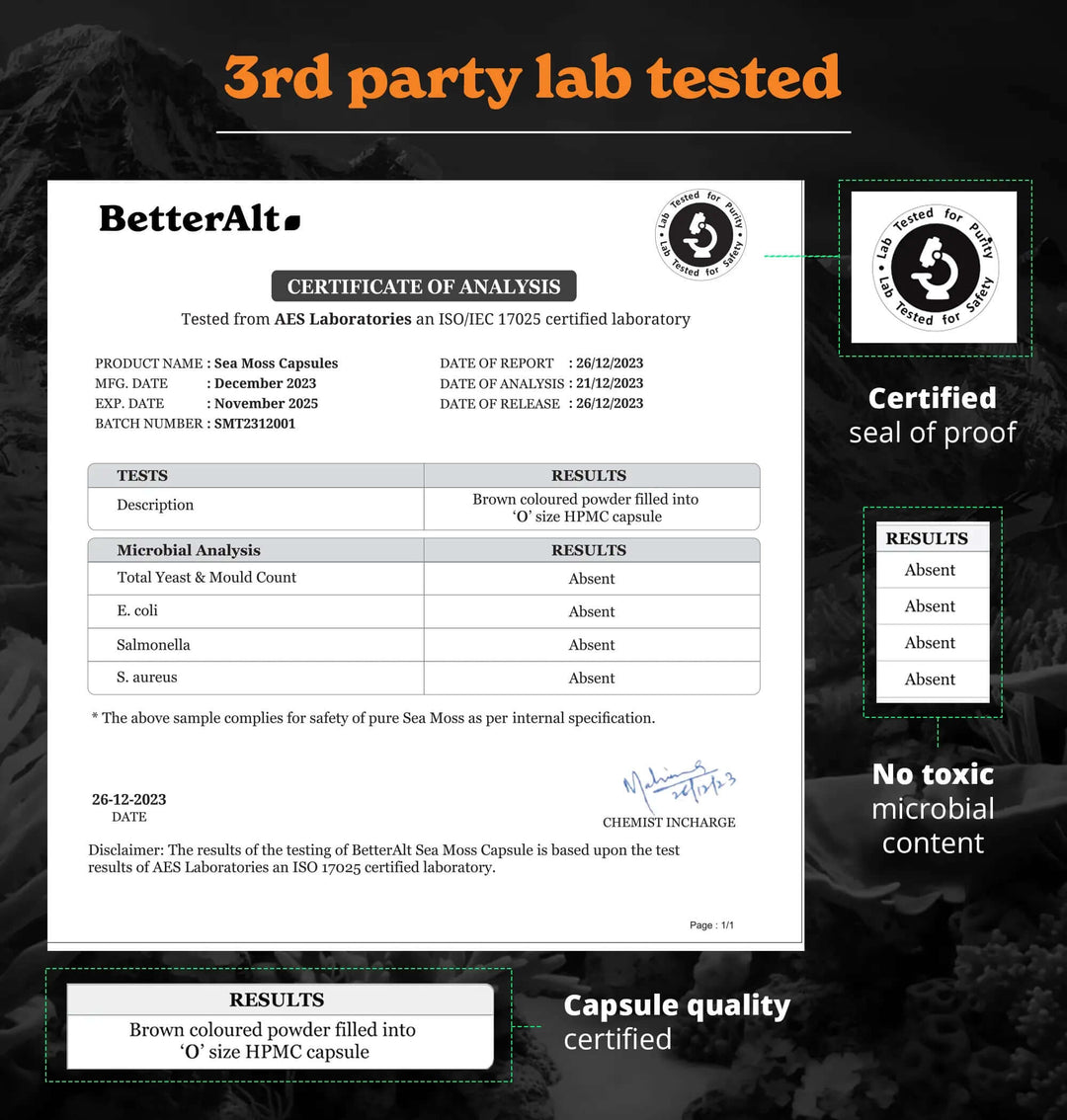 3rd party lab tested certificate for Himalayan Shilajit Sea Moss, Ashwagandha, Black Pepper, detailing purity and quality.