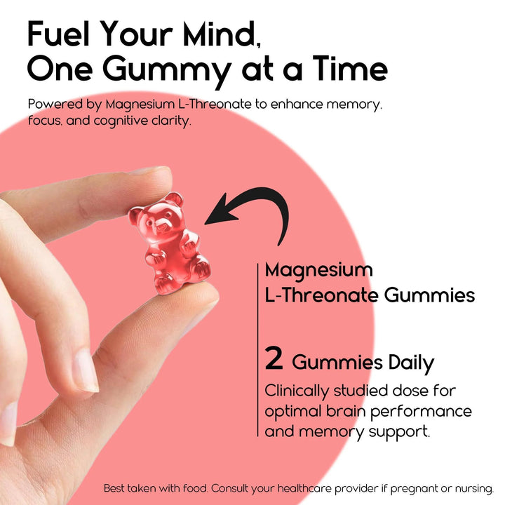 Magnesium L Threonate Gummies for Adults Kids 2000Mg Brain Supplements for Memory and Focus Calm Magnesium Gummies for Improved Sleep and Healthy Mind 60 Count Strawberry