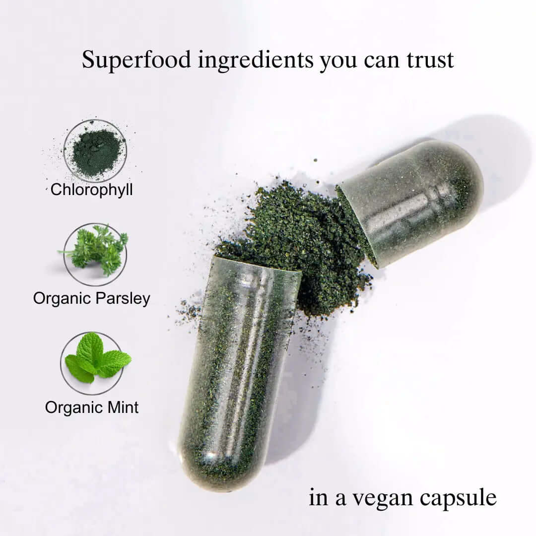 Deodorizing Supplement for Complete Body Care with organic parsley, chlorophyll, and mint in a vegan capsule.