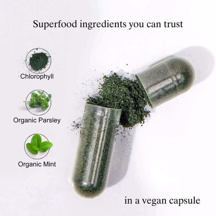 Deodorizing Supplement for Complete Body Care with organic parsley, chlorophyll, and mint in a vegan capsule.