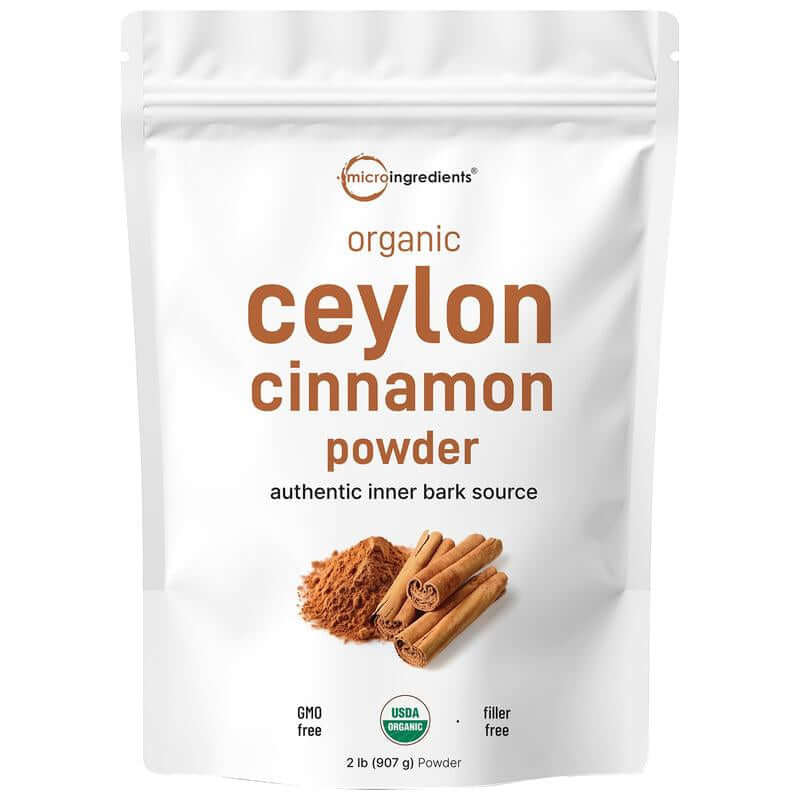Organic Ceylon Cinnamon Powder in a 2 lb package, featuring pure and flavorful cinnamon from a true cinnamon tree.