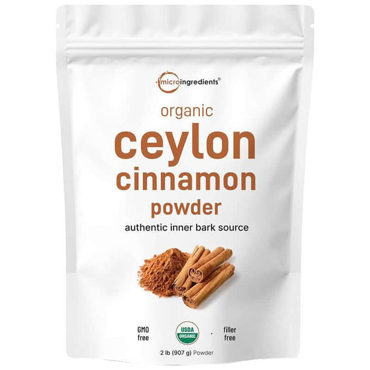 Organic Ceylon Cinnamon Powder in a 2 lb package, featuring pure and flavorful cinnamon from a true cinnamon tree.