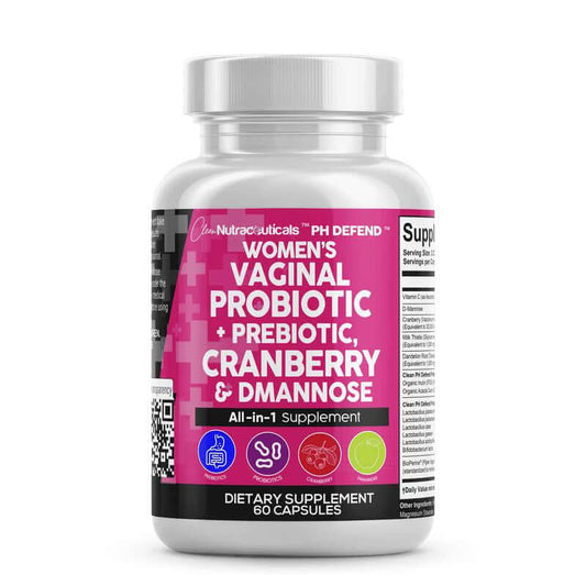 Women's Vaginal Probiotic + Prebiotics dietary supplement bottle, featuring cranberry and d-mannose for women's health.