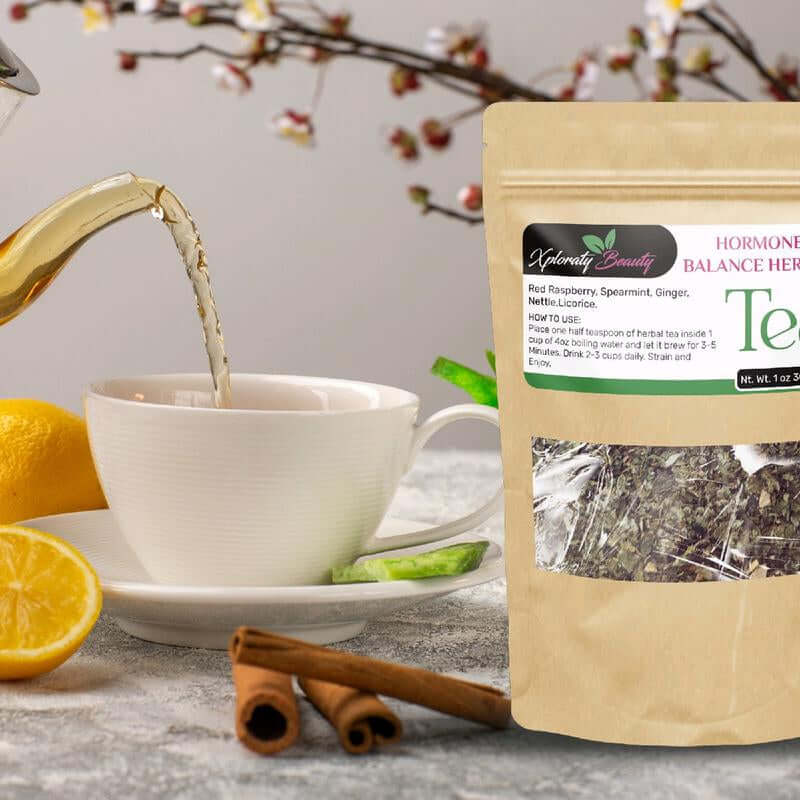 Hormone Balance Organic Herbal Tea with a cup and teapot, promoting natural hormonal balance and well-being.