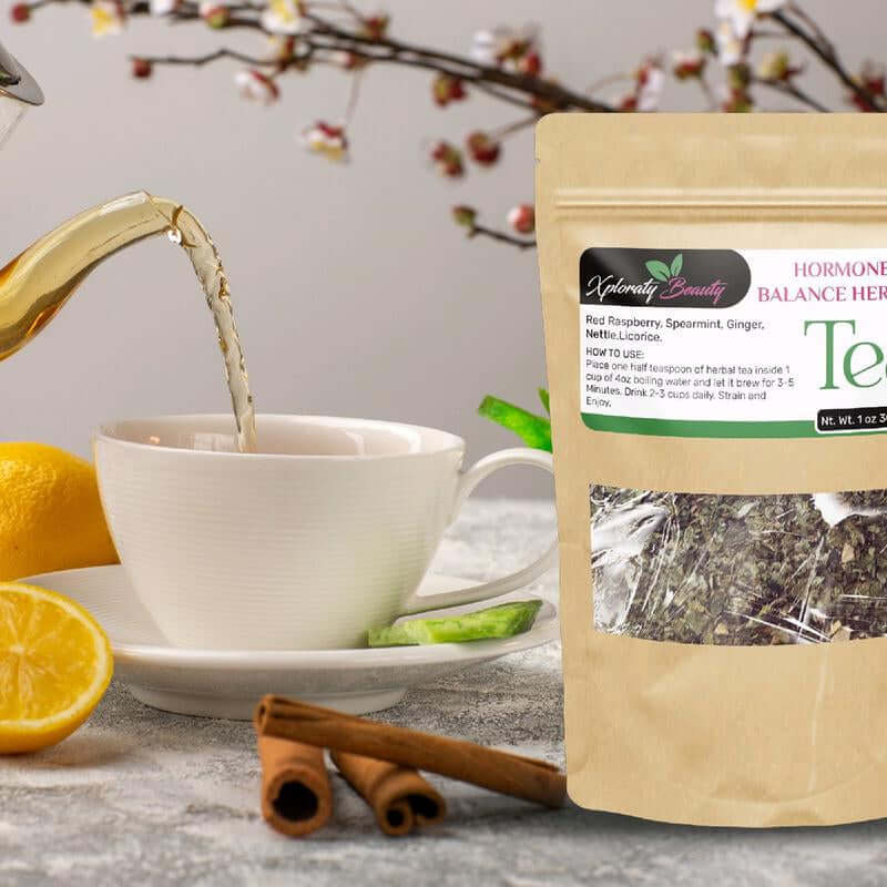 Hormone Balance Organic Herbal Tea in a package with a cup of tea being poured, promoting hormonal balance and wellness.