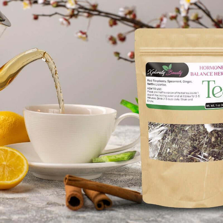 Hormone Balance Organic Herbal Tea in a package with a cup of tea being poured, promoting hormonal balance and wellness.