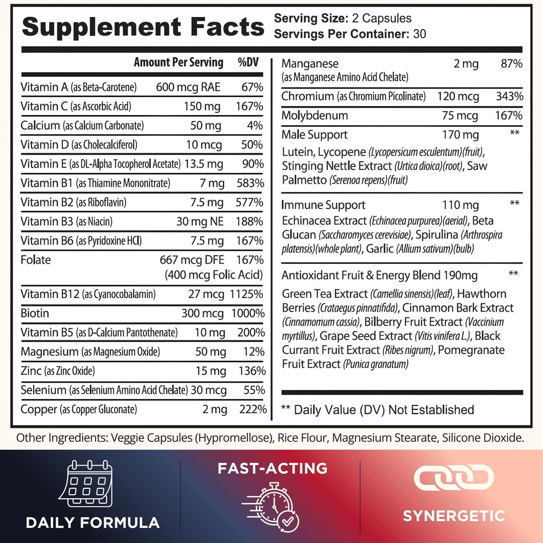 Melanin Rich Multivitamin for Men Daily Multivitamins 60 Capsules with B Complex Vitamins Vitamin D Zinc Saw Palmetto &amp; Antioxidants 2 a Day 60 Capsules