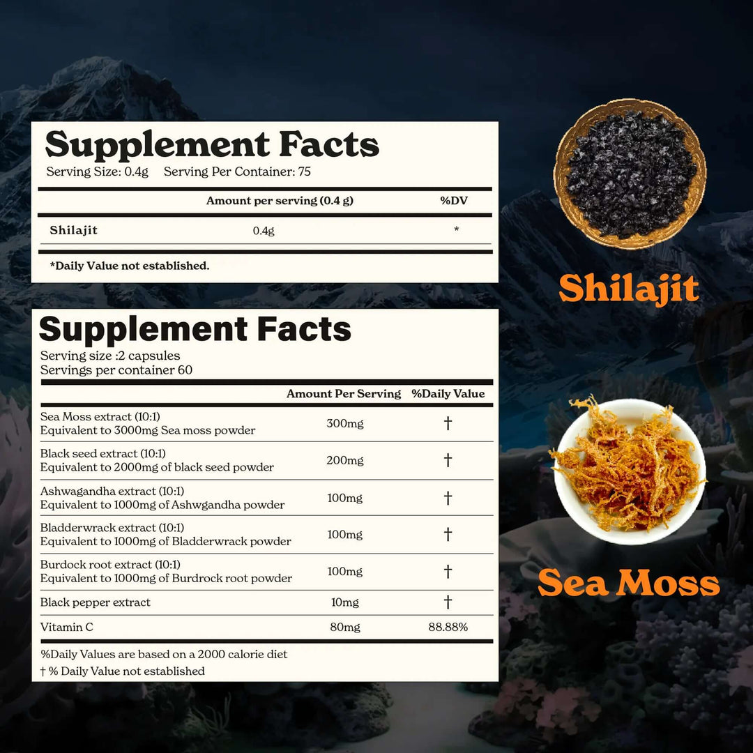 Himalayan Shilajit Sea Moss, Ashwagandha, Black Pepper supplement facts with nutrients and usage details.